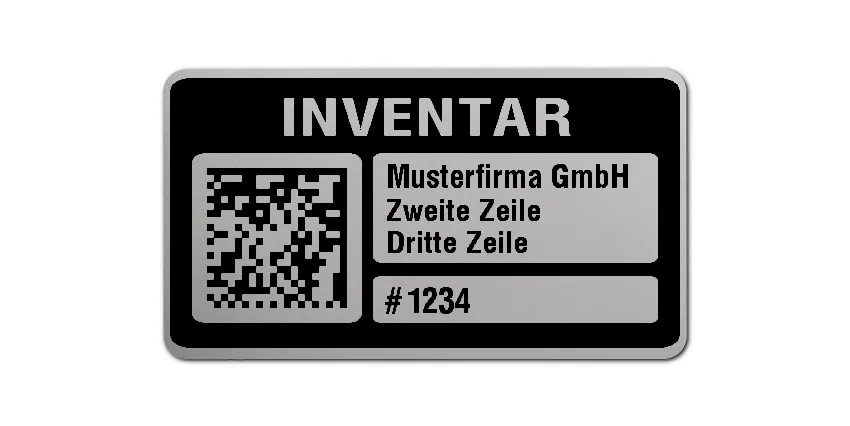 Inventaretiketten Material:Polyester-Folie Silberoptik matt Größe:45x25mm Kopfzeile:"Ihr Wunschtext" Barcode:DataMatrix Stellenanzahl:4-stellig Menge:100