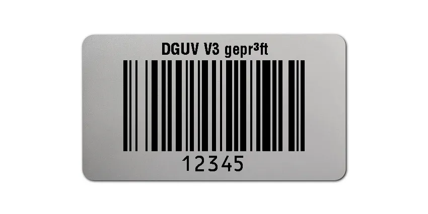 Prüfetiketten Material:Polyester-Folie Silberoptik matt Größe:45x25mm Kopfzeile:"DGUV V3 geprüft" Barcode:128B Stellenanzahl:5-stellig Ausführung:1 Etikette pro Nummer Menge:500