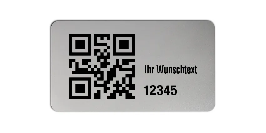 Inventaretiketten Universal Material:Polyester-Folie Silberoptik matt Größe:45x25mm Kopfzeile:"Ihr Wunschtext" Barcode:QR Stellenanzahl:5-stellig Menge:100