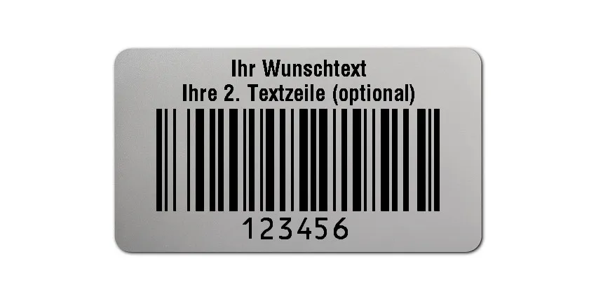 Universaletiketten Material:Polyester-Folie Silberoptik matt Größe:45x25mm Kopfzeile:"Ihr Wunschtext" Barcode:128B Stellenanzahl:6-stellig Ausführung:1 Etikette pro Nummer Menge:1000