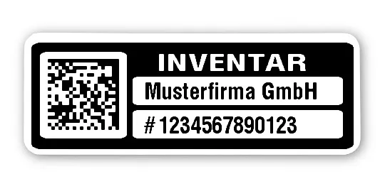 Inventaretiketten Material:Polyethylen-Folie hochglänzend weiß Größe:40x15mm Kopfzeile:"Ihr Wunschtext" Barcode:DataMatrix Stellenanzahl:13-stellig Menge:500