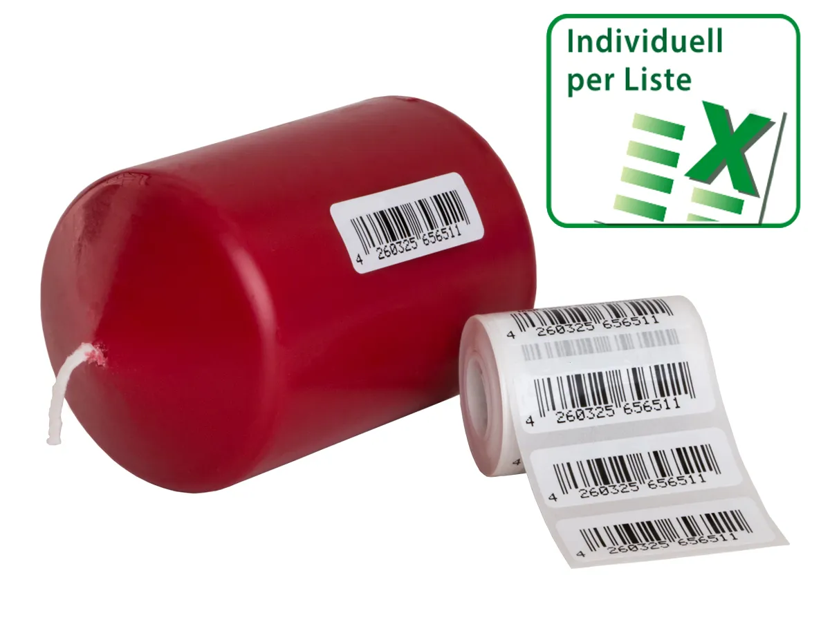 Anwendung: EAN Etiketten Material:Polyethylen-Folie hochglänzend weiß Größe:40x15mm Produkt:EAN Etiketten Vorgabeliste:Mit Vorgabeliste Größe:40x15mm Barcode:EAN 13 Stellenanzahl:13-stellig Ausführung:1 Etikette pro Nummer Menge:500