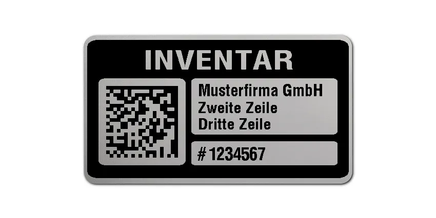 Inventaretiketten Material:Polyester-Folie Silberoptik matt Größe:45x25mm Kopfzeile:"Ihr Wunschtext" Barcode:DataMatrix Stellenanzahl:7-stellig Menge:100