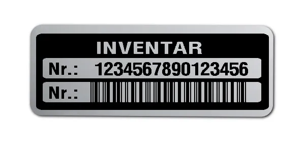 Inventaretiketten Material:Polyester-Folie Silberoptik matt Größe:40x15mm Kopfzeile:"Inventar" Barcode:2a5 interleaved Stellenanzahl:16-stellig Menge:100