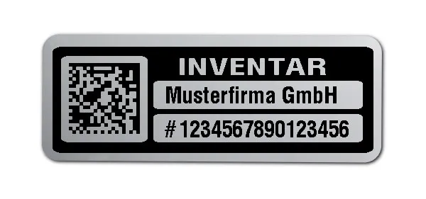 Inventaretiketten Material:Polyester-Folie Silberoptik matt Größe:40x15mm Kopfzeile:"Ihr Wunschtext" Barcode:DataMatrix Stellenanzahl:16-stellig Menge:1000
