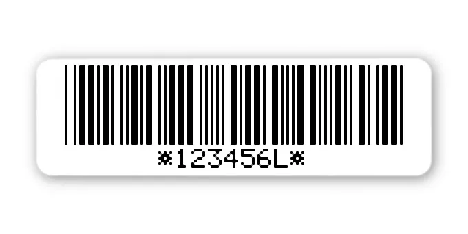 Archivierungsetiketten Material:Polyethylen-Folie hochglänzend weiß Größe:50x15mm Kopfzeile:"ohne" Barcode:Code 39 mit Prüfziffer Stellenanzahl:7-stellig Menge:1000