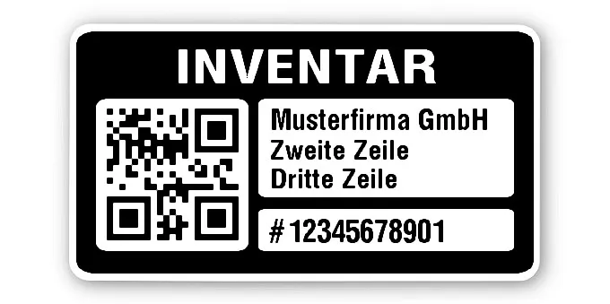 Inventaretiketten Material:Polyethylen-Folie hochglänzend weiß Größe:45x25mm Kopfzeile:"Ihr Wunschtext" Barcode:QR Stellenanzahl:11-stellig Menge:500