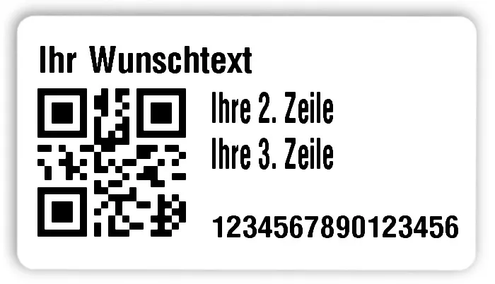 Universaletiketten Material:Folie hochglänzend weiß Größe:54x30mm Kopfzeile:"Ihr Wunschtext" Barcode:QR Stellenanzahl:16-stellig Ausführung:3 Etiketten pro Nummer Menge:300