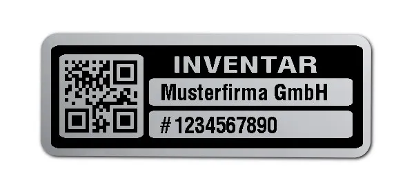 Inventaretiketten Material:Polyester-Folie Silberoptik matt Größe:40x15mm Kopfzeile:"Ihr Wunschtext" Barcode:QR Stellenanzahl:10-stellig Menge:500