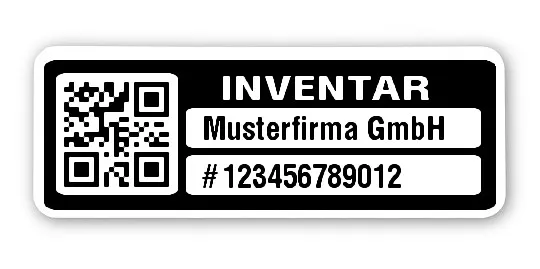 Inventaretiketten Material:Polyethylen-Folie hochglänzend weiß Größe:40x15mm Kopfzeile:"Ihr Wunschtext" Barcode:QR Stellenanzahl:12-stellig Menge:500