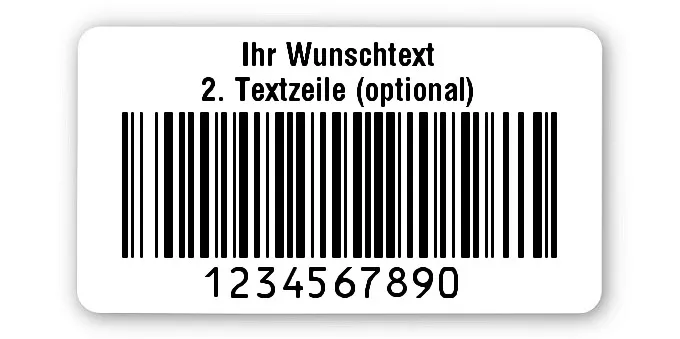 Prüfetiketten Material:Polyethylen-Folie hochglänzend weiß Größe:45x25mm Kopfzeile:"Ihr Wunschtext" Barcode:128B Stellenanzahl:10-stellig Ausführung:1 Etikette pro Nummer Menge:1000