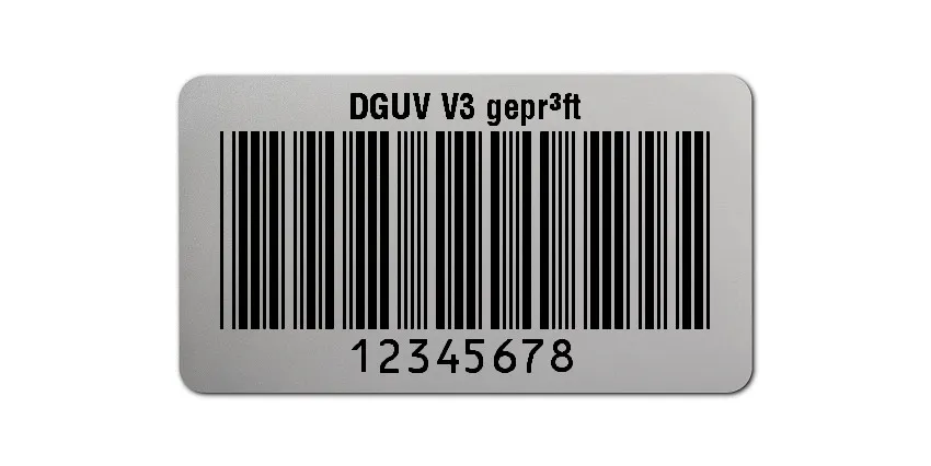 Prüfetiketten Material:Polyester-Folie Silberoptik matt Größe:45x25mm Kopfzeile:"DGUV V3 geprüft" Barcode:Code 39 ohne Prüfziffer Stellenanzahl:8-stellig Ausführung:1 Etikette pro Nummer Menge:500