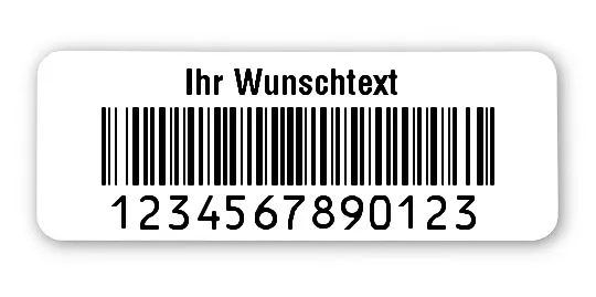 Prüfetiketten Material:Polyethylen-Folie hochglänzend weiß Größe:40x15mm Kopfzeile:"Ihr Wunschtext" Barcode:128B Stellenanzahl:13-stellig Ausführung:1 Etikette pro Nummer Menge:1000