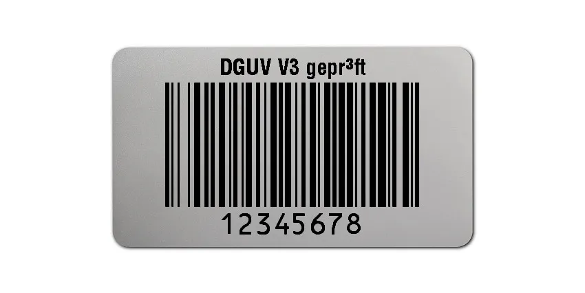 Prüfetiketten Material:Polyester-Folie Silberoptik matt Größe:45x25mm Kopfzeile:"DGUV V3 geprüft" Barcode:128B Stellenanzahl:8-stellig Ausführung:1 Etikette pro Nummer Menge:500