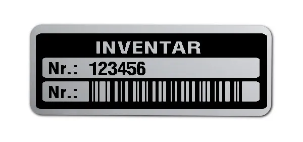 Inventaretiketten Material:Polyester-Folie Silberoptik matt Größe:40x15mm Kopfzeile:"Inventar" Barcode:128B Stellenanzahl:6-stellig Menge:500