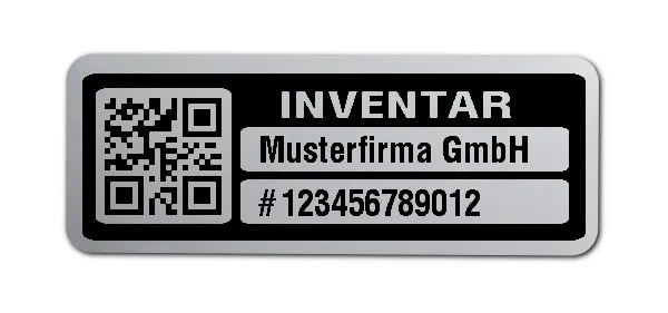 Inventaretiketten Material:Polyester-Folie Silberoptik matt Größe:40x15mm Kopfzeile:"Ihr Wunschtext" Barcode:QR Stellenanzahl:12-stellig Menge:1000