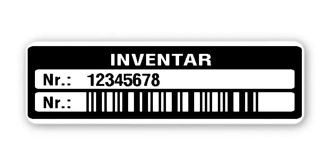 Inventaretiketten Material:Polyethylen-Folie hochglänzend weiß Größe:50x15mm Kopfzeile:"Inventar" Barcode:2a5 interleaved Stellenanzahl:8-stellig Menge:1000
