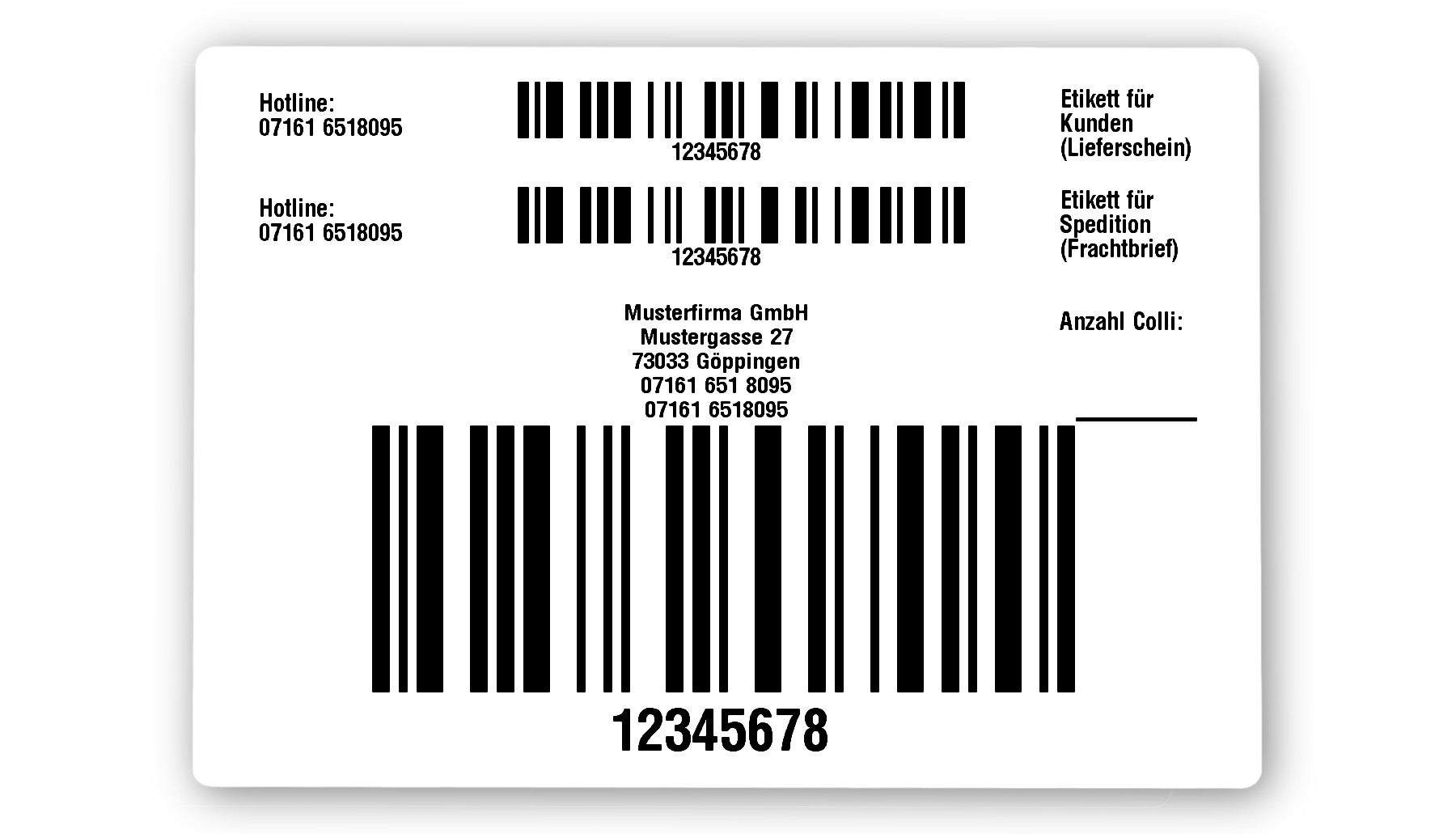 HU Etiketten Material:Papier Größe:103x74mm Kopfzeile:"Ihr Wunschtext" Barcode:128C Stellenanzahl:8-stellig Menge:300