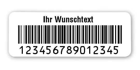 Prüfetiketten Material:Polyethylen-Folie hochglänzend weiß Größe:40x15mm Kopfzeile:"Ihr Wunschtext" Barcode:128B Stellenanzahl:15-stellig Ausführung:1 Etikette pro Nummer Menge:500