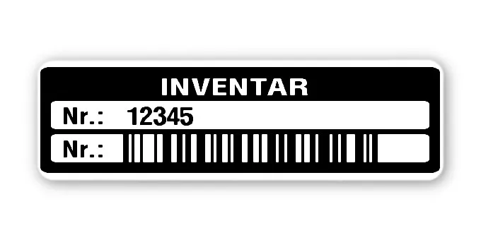 Inventaretiketten Material:Polyethylen-Folie hochglänzend weiß Größe:50x15mm Kopfzeile:"Inventar" Barcode:128B Stellenanzahl:5-stellig Menge:100
