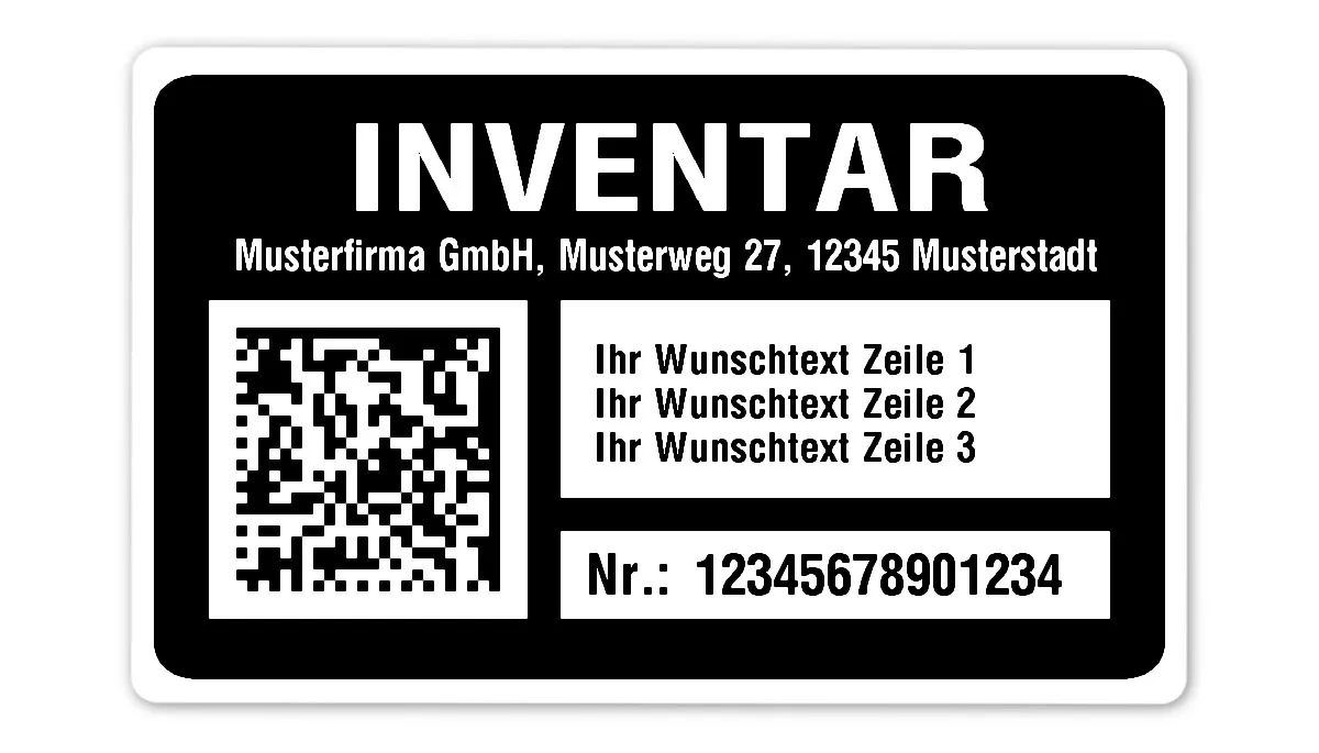 Inventaretiketten Material:Polyethylen-Folie hochglänzend weiß Größe:80x50mm Kopfzeile:"Ihr Wunschtext" Barcode:DataMatrix Stellenanzahl:14-stellig Menge:100