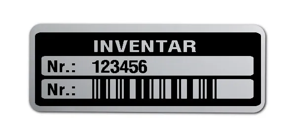 Inventaretiketten Material:Polyester-Folie Silberoptik matt Größe:40x15mm Kopfzeile:"Inventar" Barcode:2a5 interleaved Stellenanzahl:6-stellig Menge:100