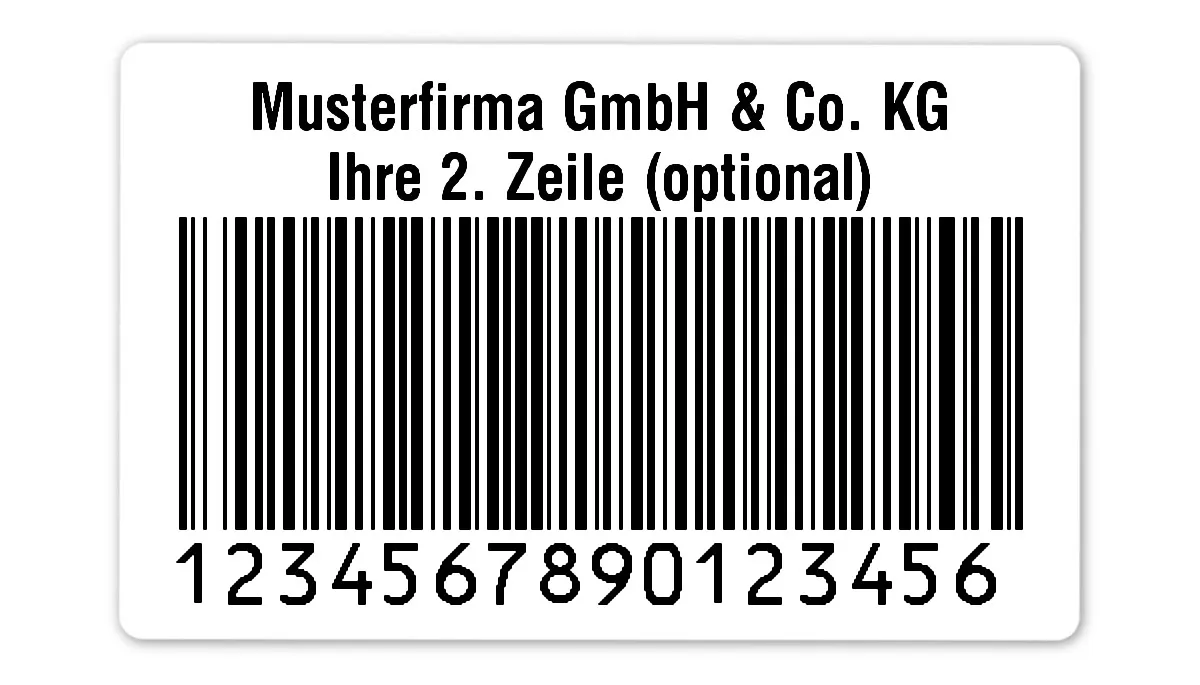 Universaletiketten Material:Polyethylen-Folie hochglänzend weiß Größe:80x50mm Kopfzeile:"Ihr Wunschtext" Barcode:128B Stellenanzahl:16-stellig Ausführung:1 Etikette pro Nummer Menge:100