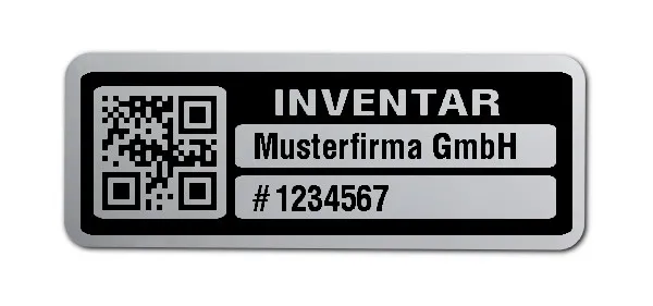 Inventaretiketten Material:Polyester-Folie Silberoptik matt Größe:40x15mm Kopfzeile:"Ihr Wunschtext" Barcode:QR Stellenanzahl:7-stellig Menge:100