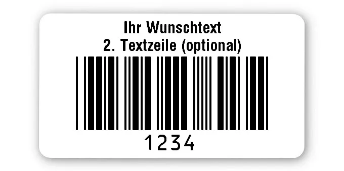 Prüfetiketten Material:Polyethylen-Folie hochglänzend weiß Größe:45x25mm Kopfzeile:"Ihr Wunschtext" Barcode:Code 39 ohne Prüfziffer Stellenanzahl:4-stellig Ausführung:1 Etikette pro Nummer Menge:1000