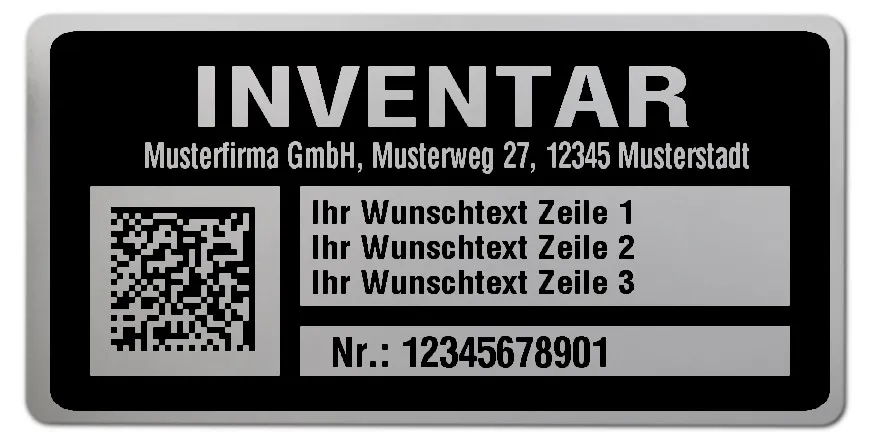 Inventaretiketten Material:Polyester-Folie Silberoptik matt Größe:68x34mm Kopfzeile:"Ihr Wunschtext" Barcode:DataMatrix Stellenanzahl:11-stellig Menge:1000