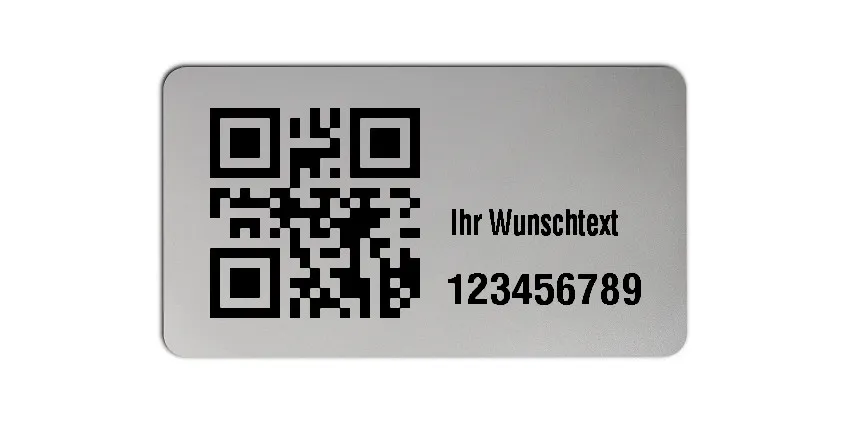 Inventaretiketten Universal Material:Polyester-Folie Silberoptik matt Größe:45x25mm Kopfzeile:"Ihr Wunschtext" Barcode:QR Stellenanzahl:9-stellig Menge:100