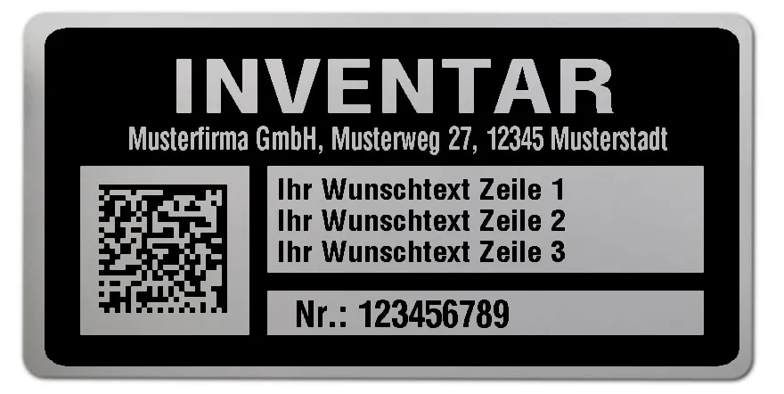 Inventaretiketten Material:Polyester-Folie Silberoptik matt Größe:68x34mm Kopfzeile:"Ihr Wunschtext" Barcode:DataMatrix Stellenanzahl:9-stellig Menge:500