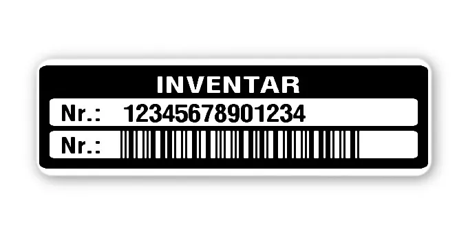 Inventaretiketten Material:Polyethylen-Folie hochglänzend weiß Größe:50x15mm Kopfzeile:"Inventar" Barcode:2a5 interleaved Stellenanzahl:14-stellig Menge:1000