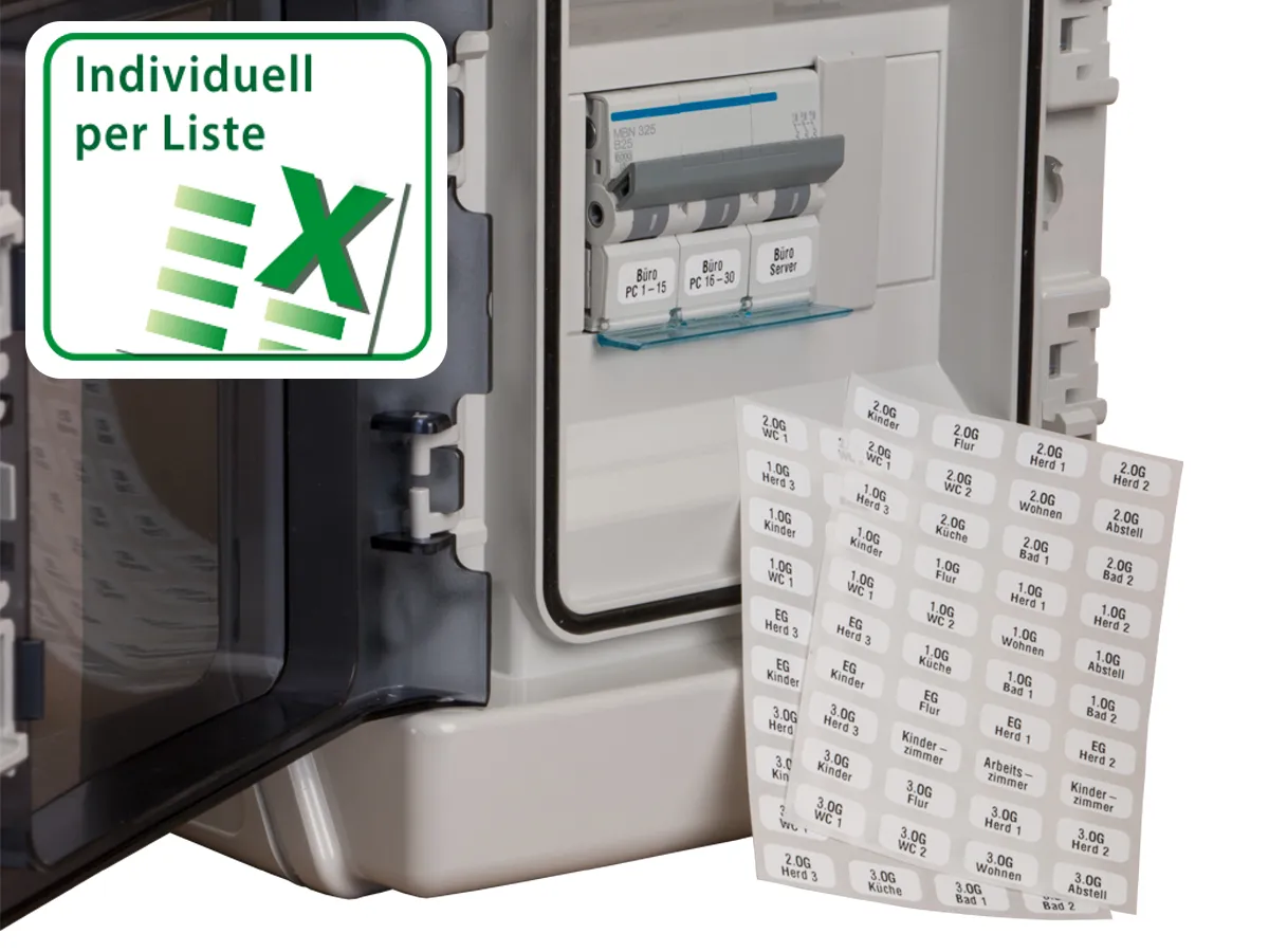 Anwendung: Sicherungsautomat Etiketten Material:Folie weiß Größe:14x8mm Vorgabeliste:Mit Vorgabeliste Schriftart:Classic Stellenanzahl:ohne Ausführung:1 Etikett pro Nummer Etiketten je Rolle:100