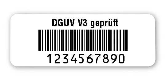 Prüfetiketten Material:Polyethylen-Folie hochglänzend weiß Größe:40x15mm Kopfzeile:"DGUV V3 geprüft" Barcode:128B Stellenanzahl:10-stellig Ausführung:1 Etikette pro Nummer Menge:1000