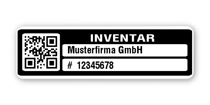 Inventaretiketten Material:Polyethylen-Folie hochglänzend weiß Größe:50x15mm Kopfzeile:"Ihr Wunschtext" Barcode:QR Stellenanzahl:8-stellig Menge:1000
