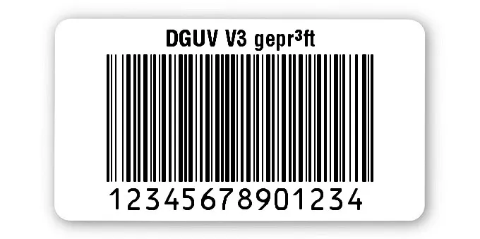 Prüfetiketten Material:Polyethylen-Folie hochglänzend weiß Größe:45x25mm Kopfzeile:"DGUV V3 geprüft" Barcode:128B Stellenanzahl:14-stellig Ausführung:1 Etikette pro Nummer Menge:500
