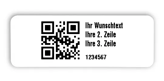 Universaletiketten Material:Folie hochglänzend weiß Größe:40x15mm Kopfzeile:"Ihr Wunschtext" Barcode:QR Stellenanzahl:7-stellig Ausführung:4 Etiketten pro Nummer Menge:1000