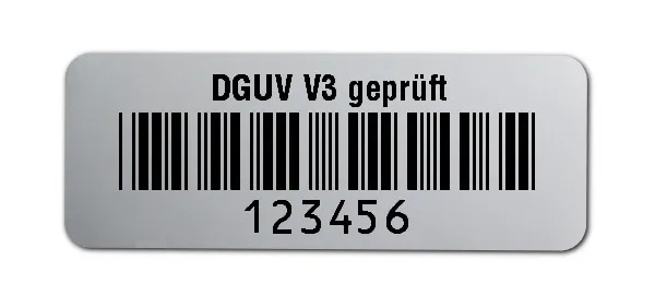 Prüfetiketten Material:Polyester-Folie Silberoptik matt Größe:40x15mm Kopfzeile:"DGUV V3 geprüft" Barcode:Code 39 ohne Prüfziffer Stellenanzahl:6-stellig Ausführung:1 Etikette pro Nummer Menge:1000