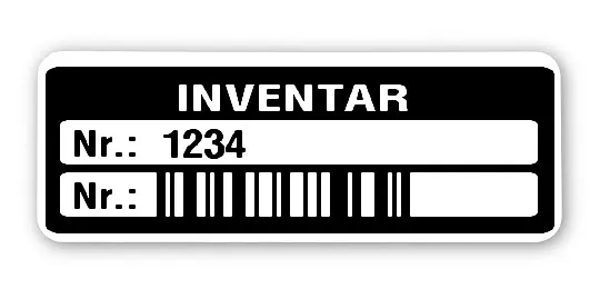 Inventaretiketten Material:Polyethylen-Folie hochglänzend weiß Größe:40x15mm Kopfzeile:"Inventar" Barcode:128C Stellenanzahl:4-stellig Menge:1000