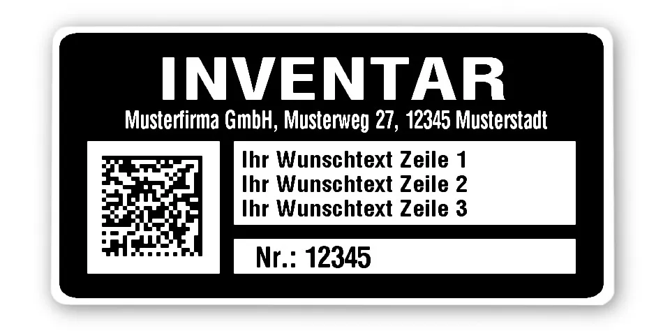 Inventaretiketten Material:Polyethylen-Folie hochglänzend weiß Größe:68x34mm Kopfzeile:"Ihr Wunschtext" Barcode:DataMatrix Stellenanzahl:5-stellig Menge:1000