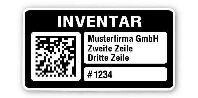 Inventaretiketten Material:Polyethylen-Folie hochglänzend weiß Größe:45x25mm Kopfzeile:"Ihr Wunschtext" Barcode:DataMatrix Stellenanzahl:4-stellig Menge:1000