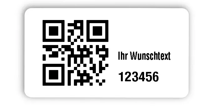 Inventaretiketten Universal Material:Polyethylen-Folie hochglänzend weiß Größe:45x25mm Kopfzeile:"Ihr Wunschtext" Barcode:QR Stellenanzahl:6-stellig Menge:1000