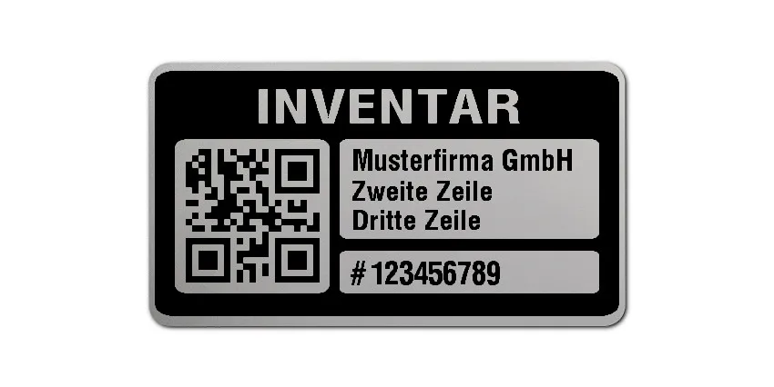 Inventaretiketten Material:Polyester-Folie Silberoptik matt Größe:45x25mm Kopfzeile:"Ihr Wunschtext" Barcode:QR Stellenanzahl:9-stellig Menge:500
