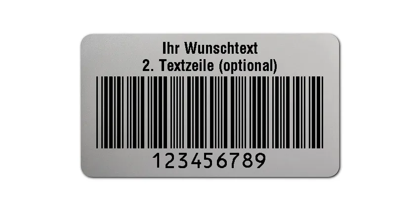 Prüfetiketten Material:Polyester-Folie Silberoptik matt Größe:45x25mm Kopfzeile:"Ihr Wunschtext" Barcode:Code 39 ohne Prüfziffer Stellenanzahl:9-stellig Ausführung:1 Etikette pro Nummer Menge:500