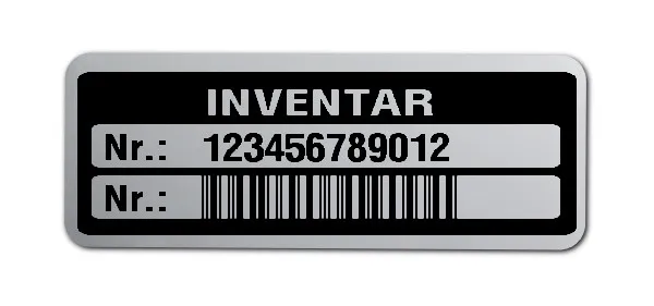 Inventaretiketten Material:Polyester-Folie Silberoptik matt Größe:40x15mm Kopfzeile:"Inventar" Barcode:2a5 interleaved Stellenanzahl:12-stellig Menge:100