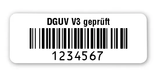 Prüfetiketten Material:Polyethylen-Folie hochglänzend weiß Größe:40x15mm Kopfzeile:"DGUV V3 geprüft" Barcode:128B Stellenanzahl:7-stellig Ausführung:1 Etikette pro Nummer Menge:500