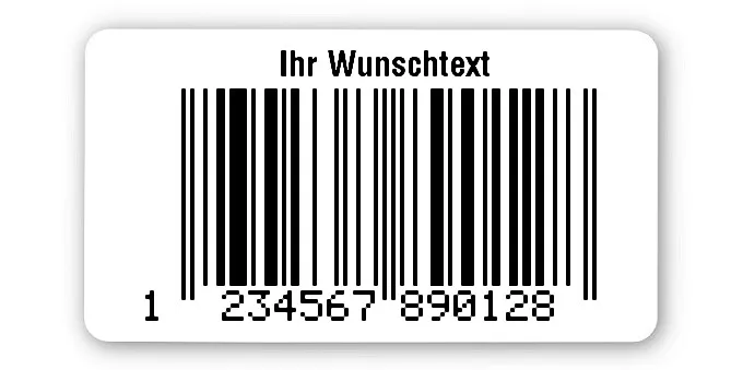EAN Gutschein Etiketten Material:Polyethylen-Folie hochglänzend weiß Größe:45x25mm Kopfzeile:"Ihr Wunschtext" Barcode:EAN 13 Stellenanzahl:13-stellig Menge:500