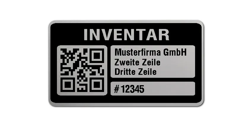 Inventaretiketten Material:Polyester-Folie Silberoptik matt Größe:45x25mm Kopfzeile:"Ihr Wunschtext" Barcode:QR Stellenanzahl:5-stellig Menge:500