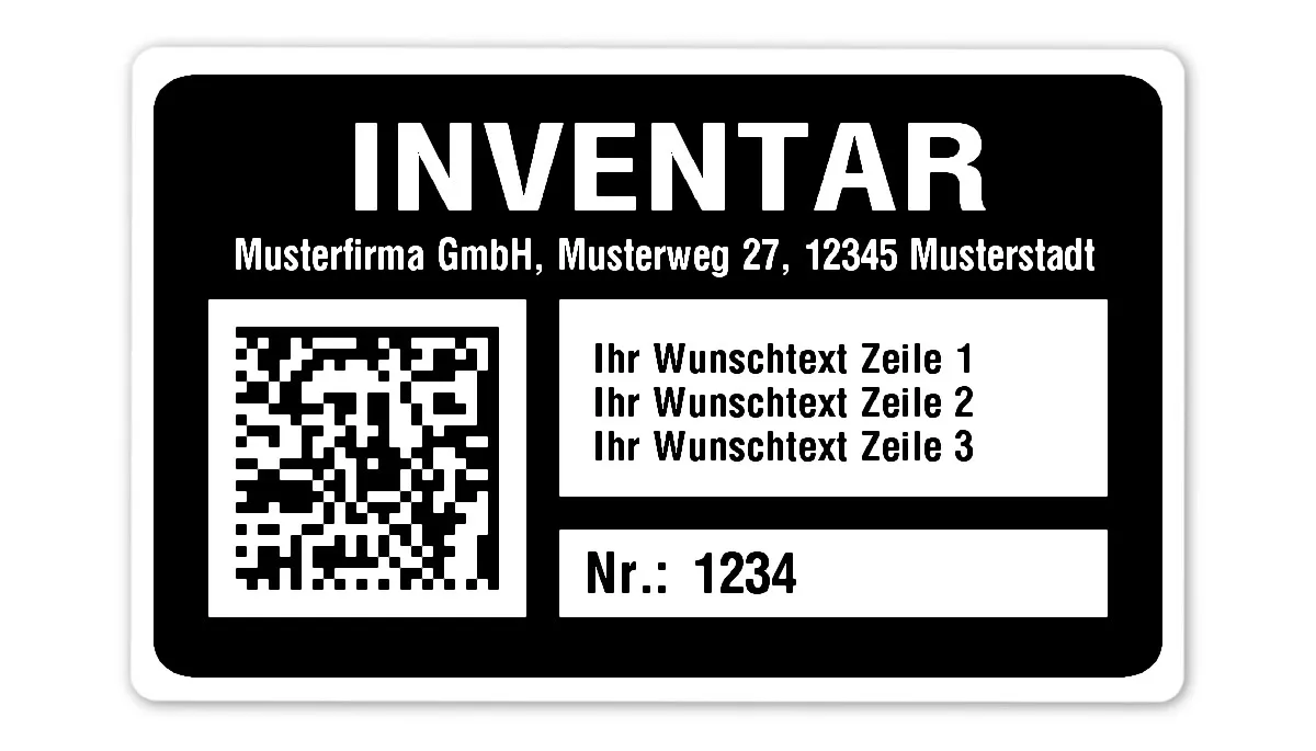 Inventaretiketten Material:Polyethylen-Folie hochglänzend weiß Größe:80x50mm Kopfzeile:"Ihr Wunschtext" Barcode:DataMatrix Stellenanzahl:4-stellig Menge:1000